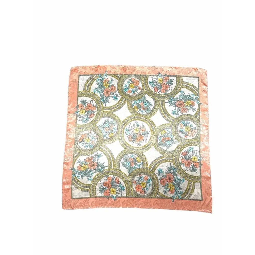 Silk Jacquard Square Scarf White Peach Floral Medallion Print Hand Rolled 29x29